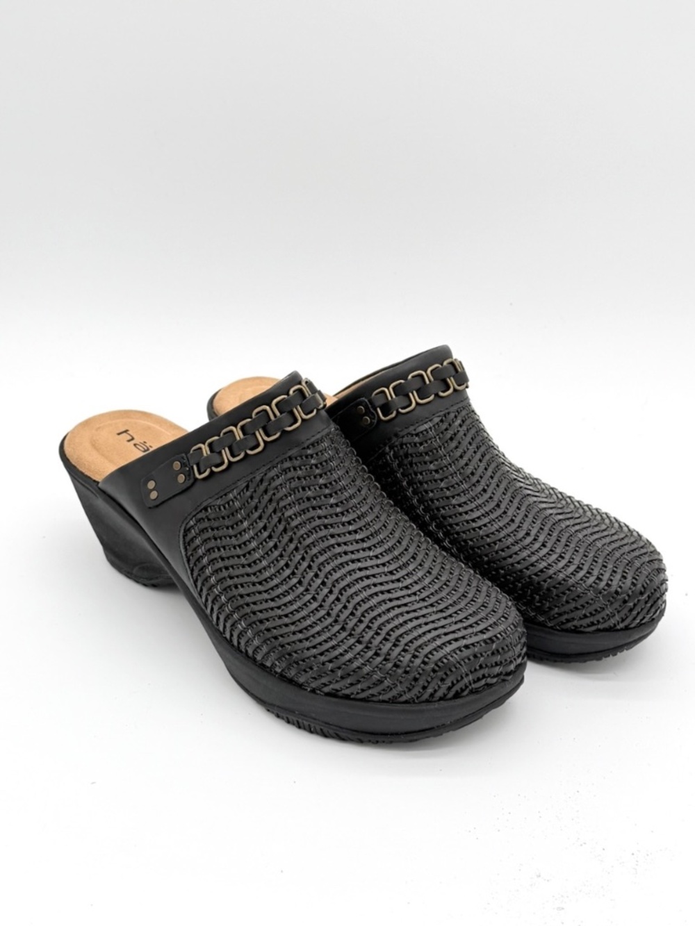Halsa Chloe Black Leather Woven Comfort Clogs Womens 10W Wide Slip On Mule Shoes